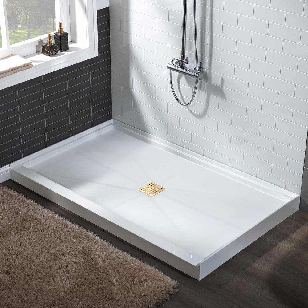 48" White Rectangular Shower Pan with Brushed Gold Drain