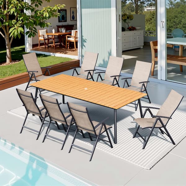 Pellebant 9-Piece 95 in. Brown Rectangular Aluminum Wood-Like Outdoor Patio Dining Set, Esspreso Adjustable Backrest Metal Chair