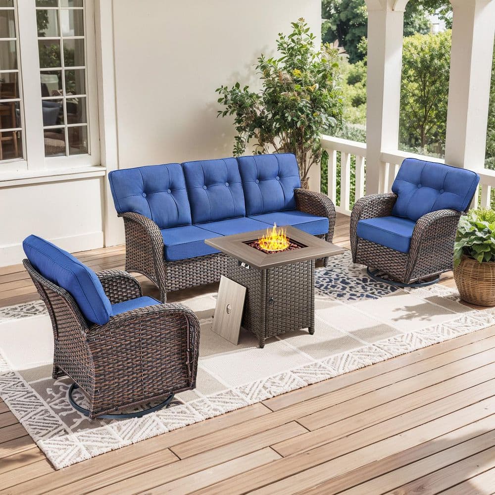 T-Frame 4-Piece Brown Wicker Fire Pit Conversation Set with 5 in. Blue Cushions Patio Swivel Chair for poolside/balcony price history on PriceWatchPro