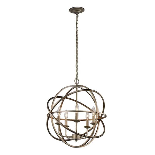 Home Decorators Collection Sarolta Sands 5-Light Antique Silver Leaf Chandelier Light Fixture with Caged Globe Metal Shade