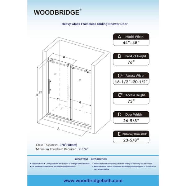 Suffield 44 in. to 48 in. x 76 in. Frameless Sliding Shower Door with Shatter Retention Glass in Brass Gold