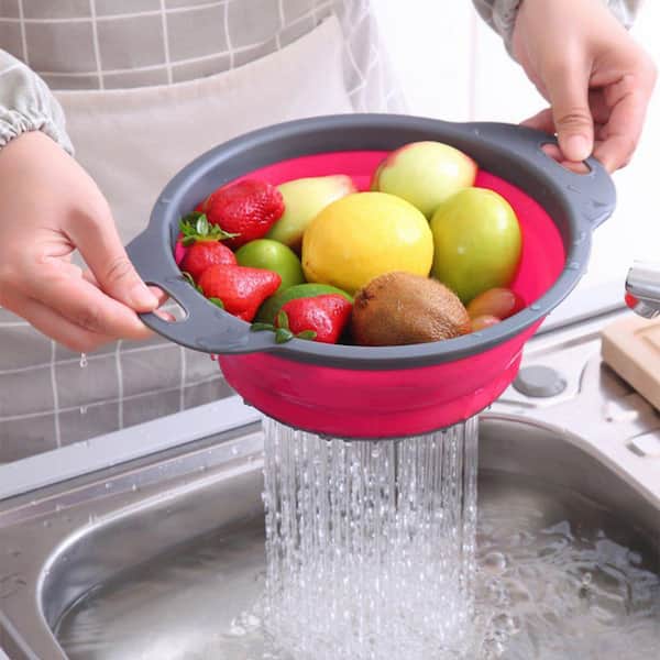 Round Silicone Collapsible Colander Set with 2 pcs 4 qt. and 1 pcs 2 qt. for Vegetable and Fruit, Green, Blue, Purple