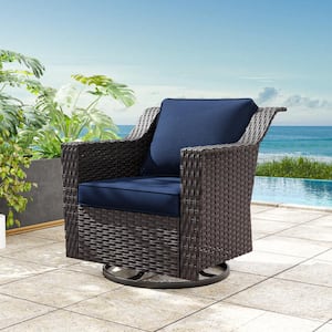 Wicker Outdoor Rocking Chair Patio Swivel Chair with Blue Cushions