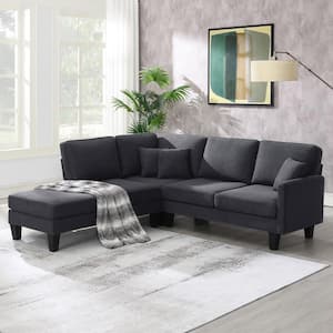 90 in. W L-shaped Terrycloth Fabric Minimalist Sectional Sofa in. Gray with 3-Pillows