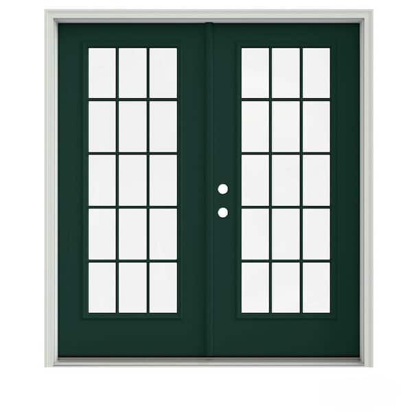 JELD-WEN 72 in. x 80 in. Hartford Green Painted Steel Right-Hand Inswing 15 Lite Glass Stationary/Active Patio Door