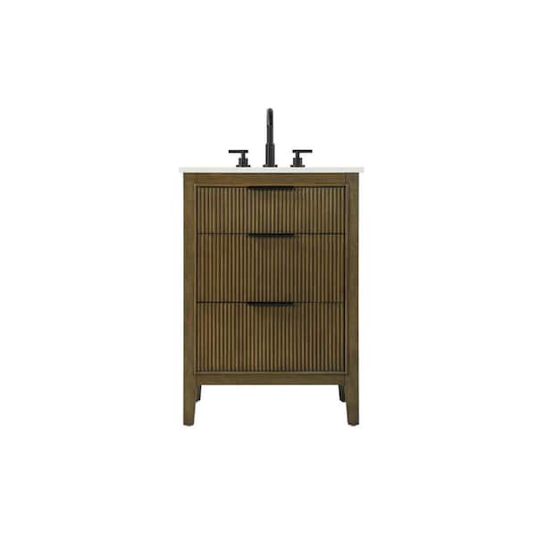 24 in. Single Sink Freestanding Hazel Oak Bath Vanity with Marble White Engineered Marble Top