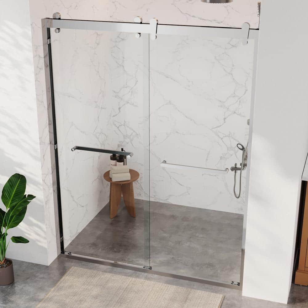 Silver Double Sliding Semi-Frameless Shower Door with Clear Glass