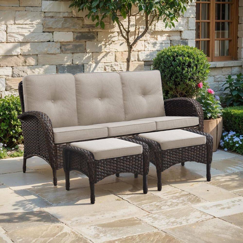 SleekArm 3-Seat Brown PE Wicker Outdoor Couch with Olefin Beige Cushions /Matching Patio Ottomans (3-Piece) price history on PriceWatchPro