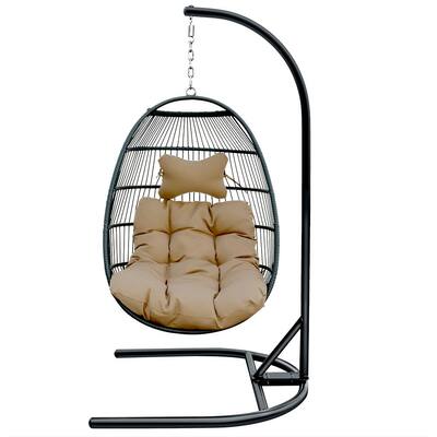 Patio Hanging Wicker Rattan Egg Chair Single Seat Swing Chair with Brown Cushion