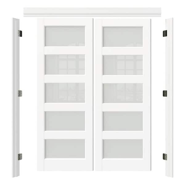 48 in. x 80 in. White 5-Lite Frosted Glass White Pine Wood Universal Pre-Hung French Door with Quick Assemble Jamb