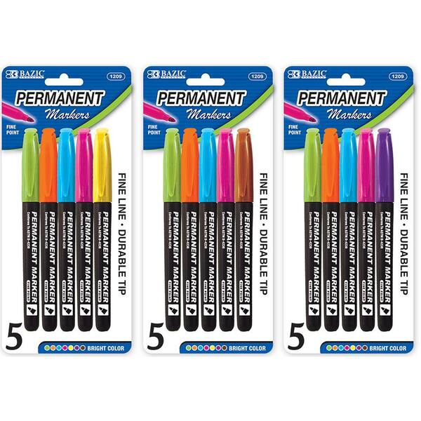 Bazic Products 5-Count Bright Colors Fine Tip Permanent Markers with Pocket Clip (Box of 24)
