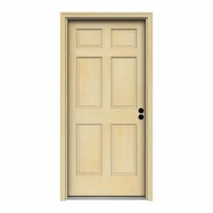 32 in. x 80 in. 6-Panel Unfinished Wood Prehung Left-Hand Inswing Front Door w/Rot Resistant Jamb & Brickmould