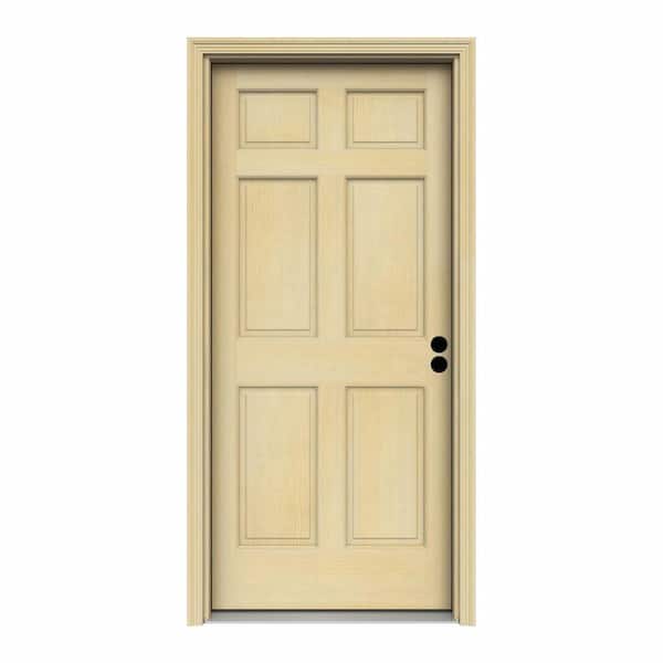 JELD-WEN 32 in. x 80 in. 6-Panel Unfinished Wood Prehung Left-Hand Inswing Front Door w/Rot Resistant Jamb & Brickmould
