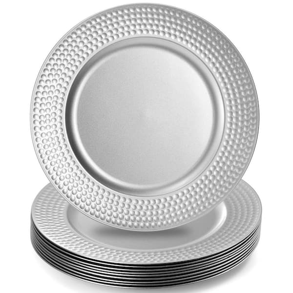 13 in. Silver Round Plastic Charger Plates with Hammered Rim for Wedding Dinner Party Event Decoration (Set of 12)