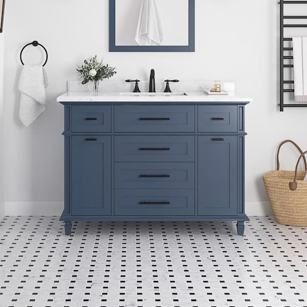 Home Decorators Collection Tarbot 48 in. W x 22 in. D x 34 in. H Single Sink Bath Vanity in Midnight Blue with Carrara Marble Top with Outlet