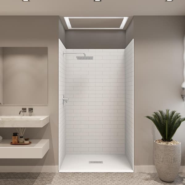 CASTICO 48 in. x 34 in. x 84 in. Solid Composite Stone Alcove Shower Kit - Subway Shower Walls and Cntr WH Sand Shower Pan Base