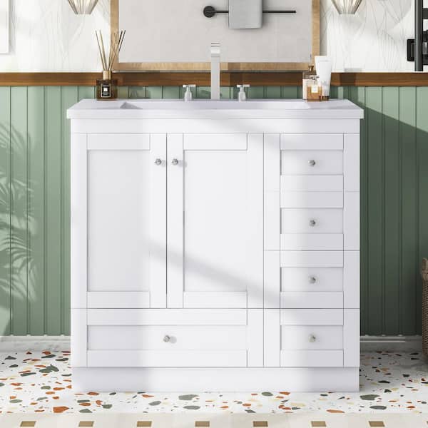 Nivencai 36 in. W x 18 in. D x 35 in. H Single Sink Fresstanding Bath Vanity in White with White Resin Top and 4 Drawers