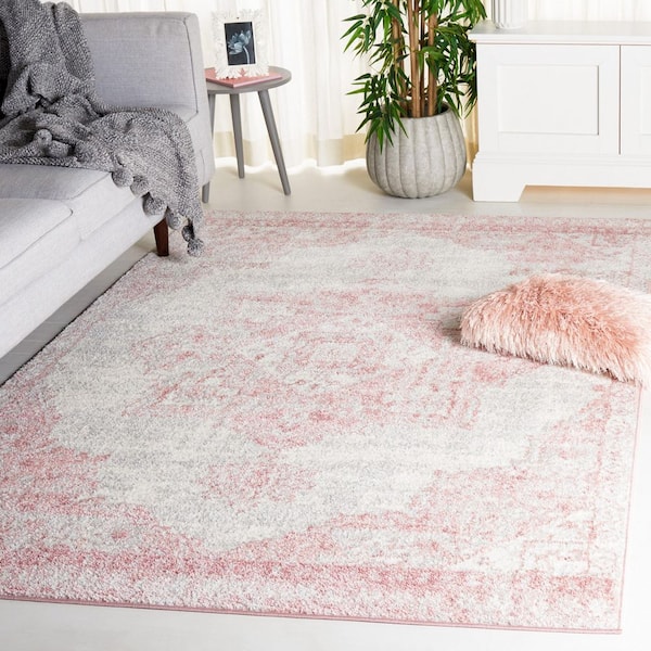 Layla 5 ft. x 8 ft. Ivory Gray/Pink Ornate Medallion Distressed Area Rug