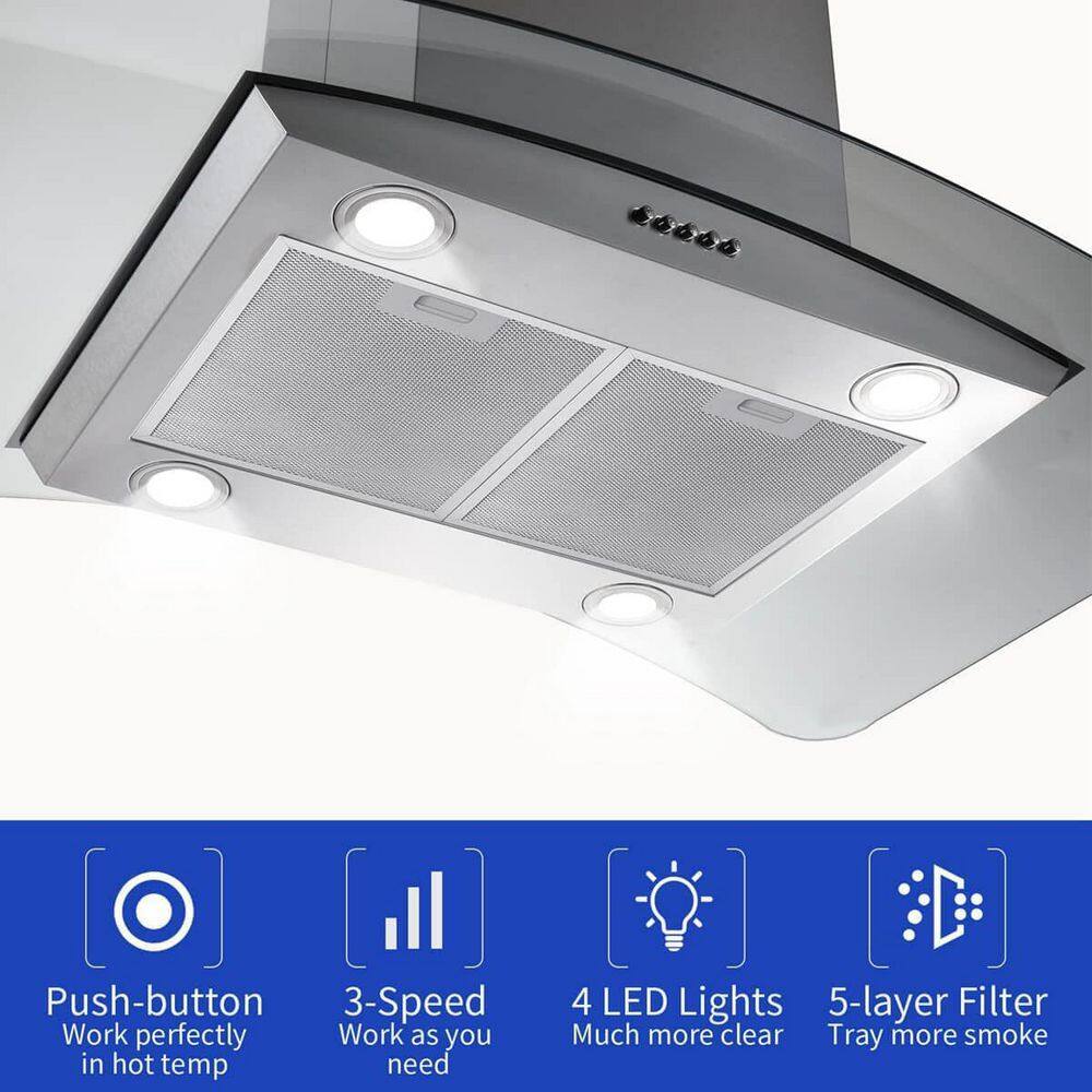 36-Inch Stainless Steel Island Range Hood with LED Lights