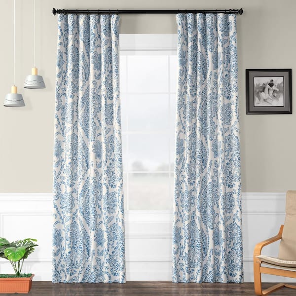 Exclusive Fabrics & Furnishings Tea Time China Blue Floral Room Darkening Curtain - 50 in. W x 108 in. L (1 Panel)