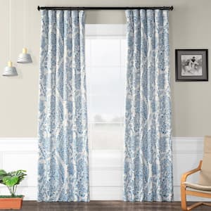 Tea Time China Blue Floral Room Darkening Curtain - 50 in. W x 96 in. L Rod Pocket with Back Tab Single Curtain Panel