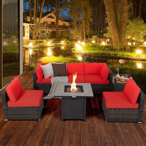 7-Piece Wicker Patio Conversation Set 30 in. Fire Pit Table Cover Rattan Sofa with Red Cushions