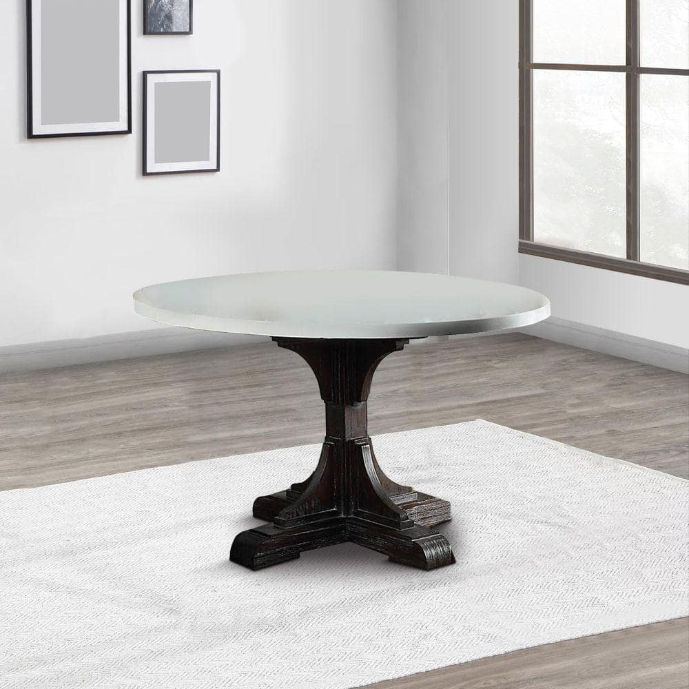 Round White Marble Top Dining Table with Dark Wood Pedestal Base