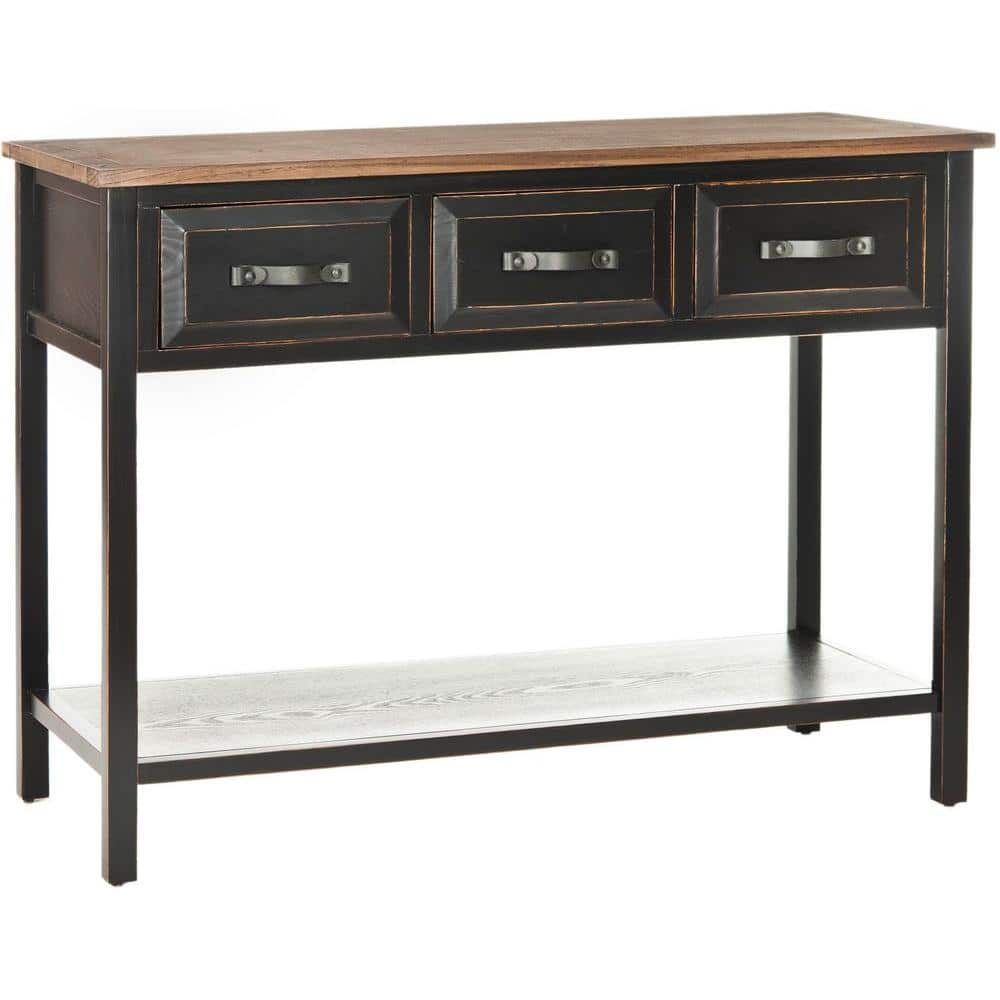 Transitional Black and Oak Rectangular Console Table with Storage