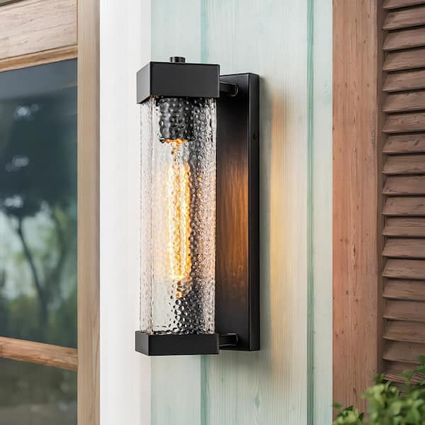 RRTYO Malak Satin Black Outdoor Hardwired Waterproof Lantern Cylinder Wall Sconce with Bubble Glass Shade