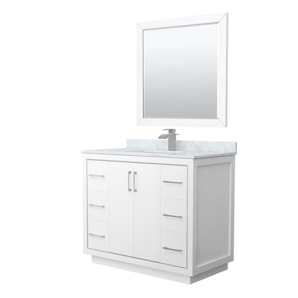 Wyndham Collection Icon 42 in. W x 22 in. D x 35 in. H Single Bath Vanity in White with White Carrara Marble Top and 34 in. Mirror