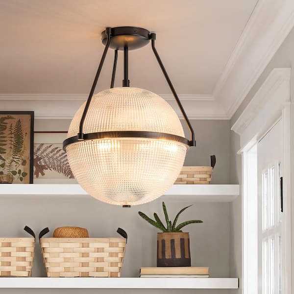 Rennnsan Lena 13.7 in. 3-Light Black Modern Industrial Semi-Flush