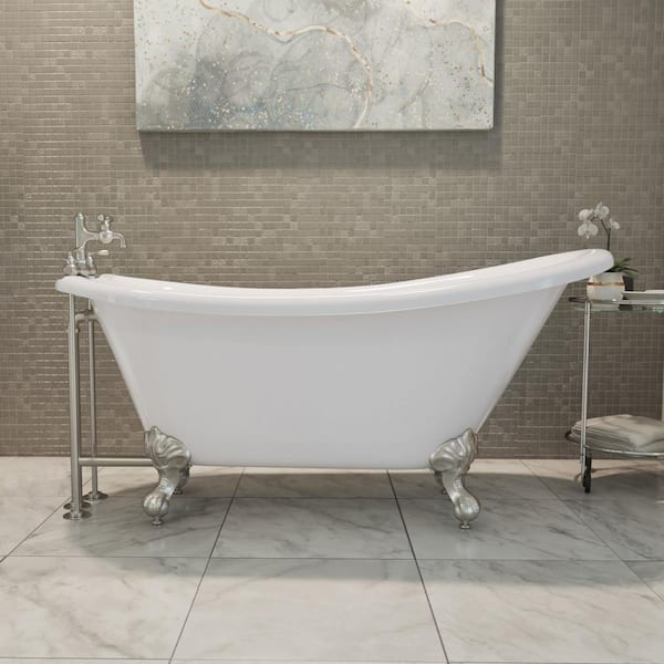 Atlantic 61 in. x 28 in. Acrylic Clawfoot White Bathtub with Brushed Nickel Drain