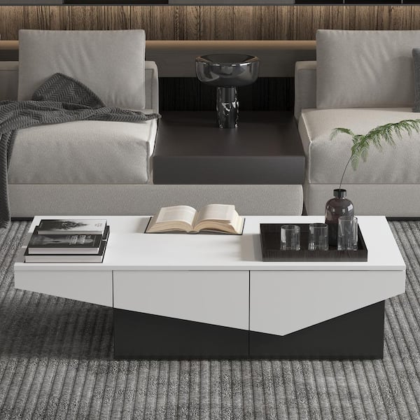 FUFU&GAGA 47.2 in. Length White and Black Rectangle Wooden Coffee Table, End Table with 4-Designed Drawers