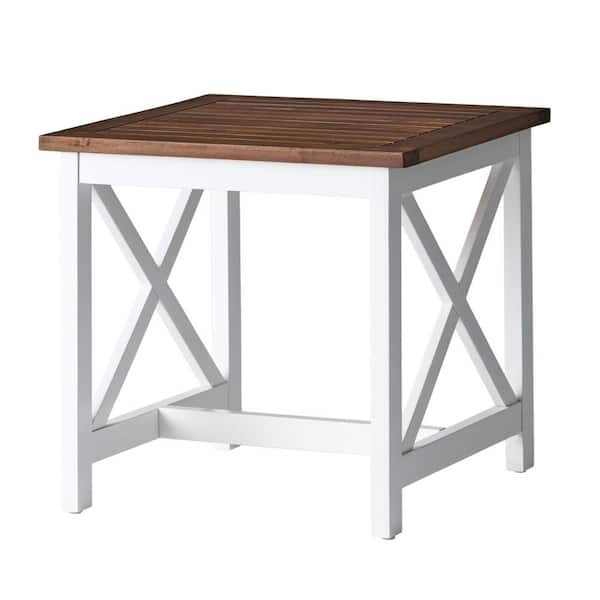 Unbranded White Acacia Wood Outdoor Side Table with Dark Brown Tabletop
