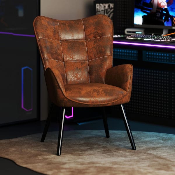 KGAMT Suede Upholstered Ergonomic Gaming Chair with Wingback, High-Back Support, Adjustable Foot Pads in Walnut with Arm