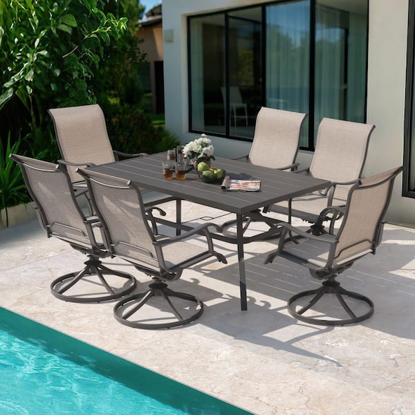 Gray 7-Piece Textilene and Metal Rectangle Outdoor Dining Set with Umbrella Hole and Swivel Chairs