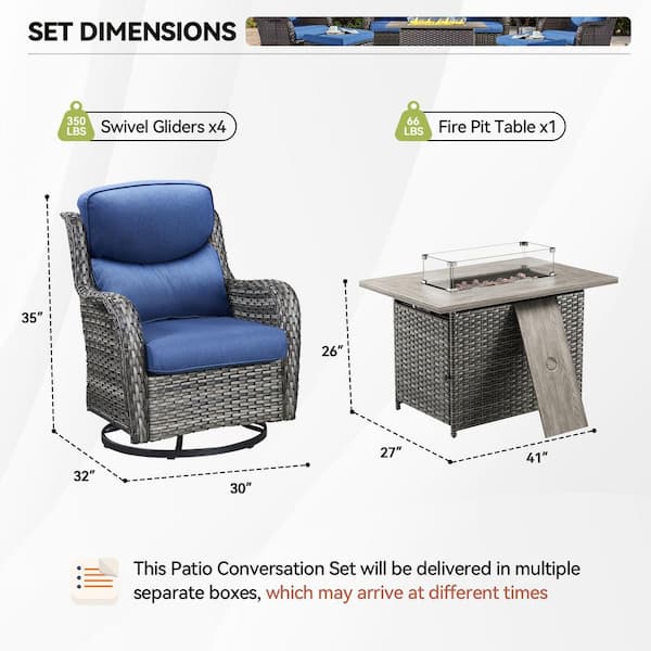 Luxury 5-Piece Gray Wicker Fire Pit Conversation Set with Olefin Blue Cushions and Swivel Glider Rocking Chairs