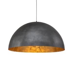 PCover 31.5 in. W 3-Light Oversize Modern Textured Black and Gold Foil Pendant Light with Large Dome Shade