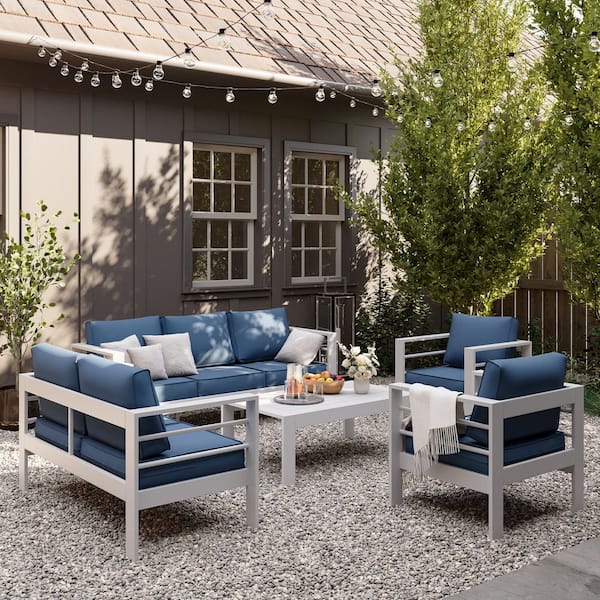 5-Piece Oversized Aluminum Patio Sectional Sofa Set with 5 in. Blue Cushions