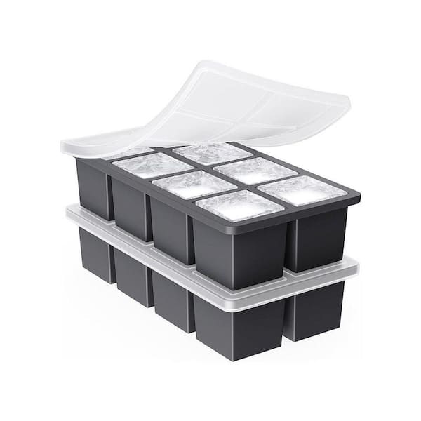 Large Silicone Ice Cube Tray with Lid Black Square Mold Stackable Cocktail Kitchen Freezer Tool 2 Inch