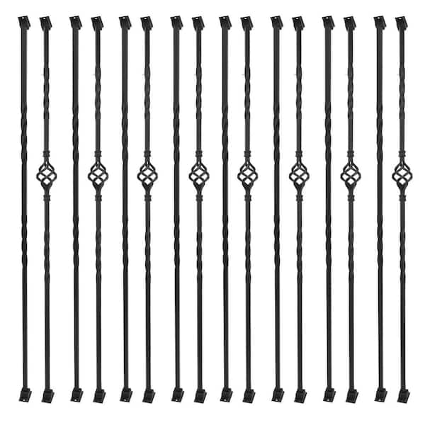 44 in. x 2 in. Wrought Iron Balusters Hollow Single Basket with Knuckles Double Twist and 32-Swivel Shoes-(16-Pack)