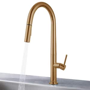 Easy-Install Single-Handle Deck Mount Gooseneck Pull-Down Sprayer Kitchen Faucet with Flexible Hose in Brushed Gold