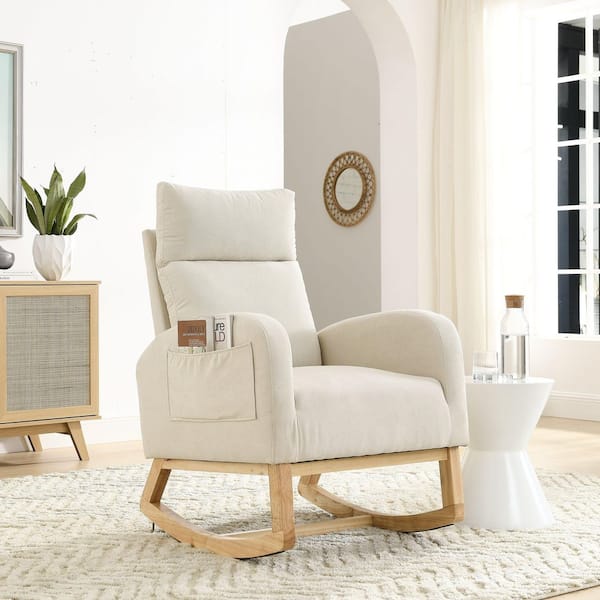 27.6 in. Beige Teddy Fabric Rocking Chair with High Backrest and Side Pockets and Wood Legs for Living Room, Bedroom