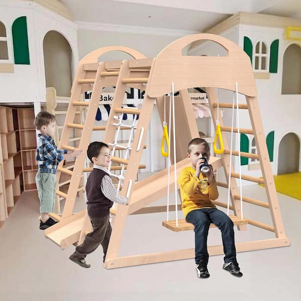 Brown 7-in-1 Indoor Freestanding Playground with Slide, Climbing