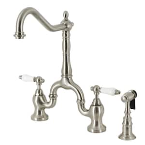 English Country Double Handle Deck Mount Bridge Kitchen Faucet with Brass Sprayer in Brushed Nickel