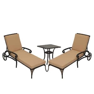 3-Piece Cast Aluminum Outdoor Chaise Lounge with Side Table and Beige Cushion