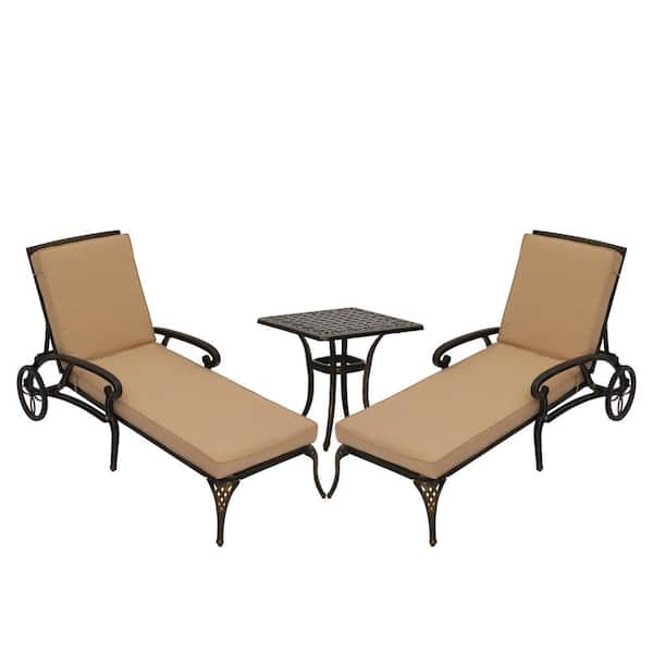 Clihome 3-Piece Cast Aluminum Outdoor Chaise Lounge with Side Table and Beige Cushion