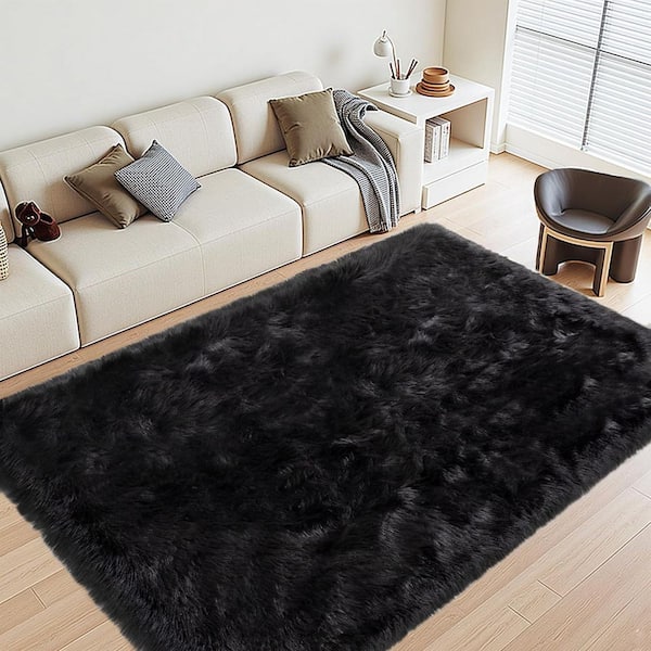 Black 4 ft. x 6 ft. Fluffy Fuzzy Plush Faux Sheepskin Fur Rug Area Rug