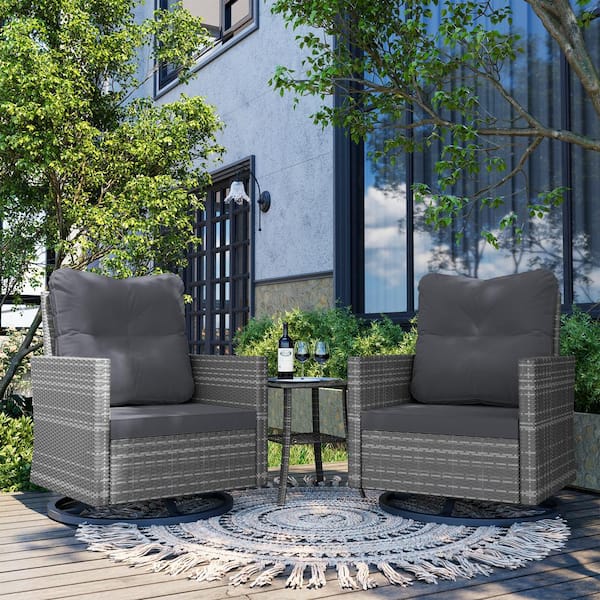 UPHA 3-Peice Gray Wicker Outdoor Rocking Chair Swivel Chair with Dark Gray Cushions and Table