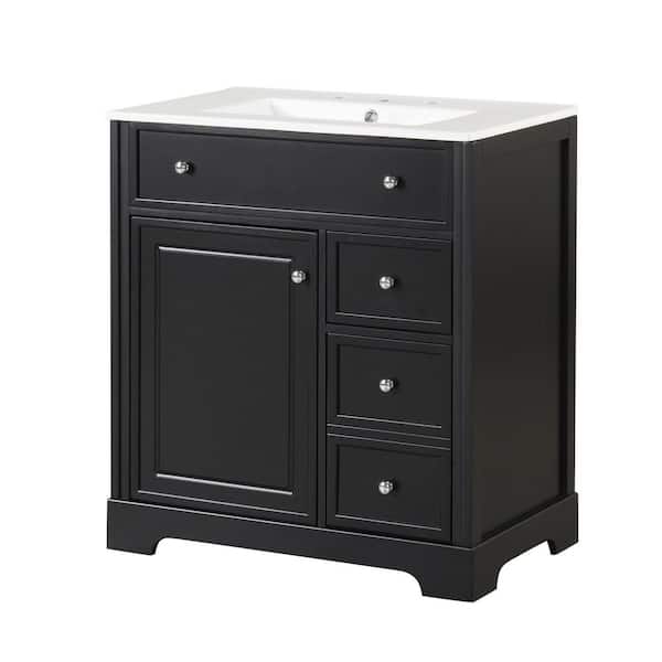 Sarlai 30 in. W x 18 in. D x 34 in. H Single Sink Freestanding MDF Boards Black Bath Vanity with White Ceramic Top Assembled